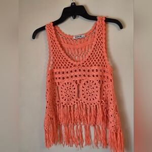 Renjo Coral Crochet Fringe Festival Top Size S Sleeveless Boho Stretchy